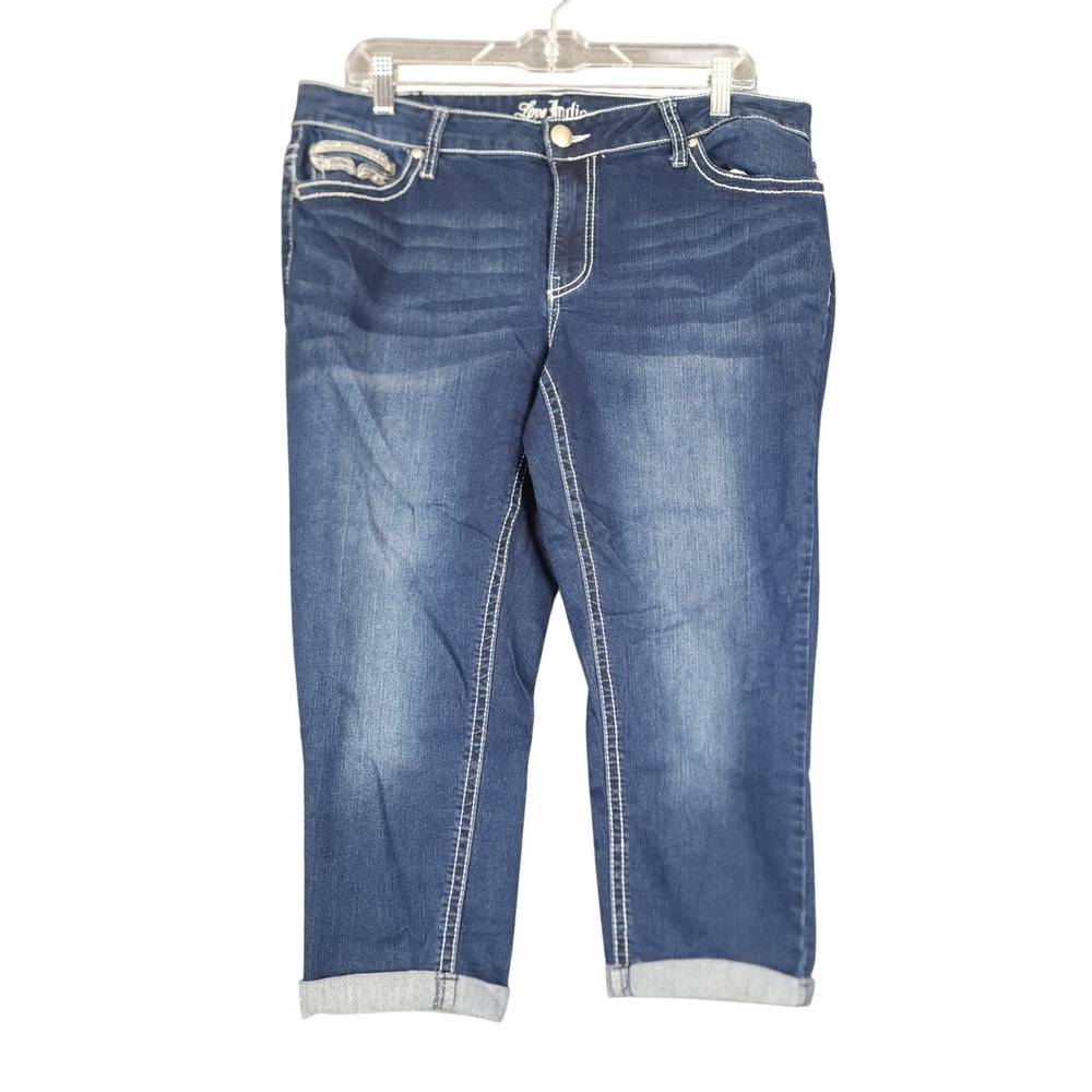 Love Indigo Premium Women's‎ Dark Wash Embroidered Wing Cropped Capri Jeans 16W